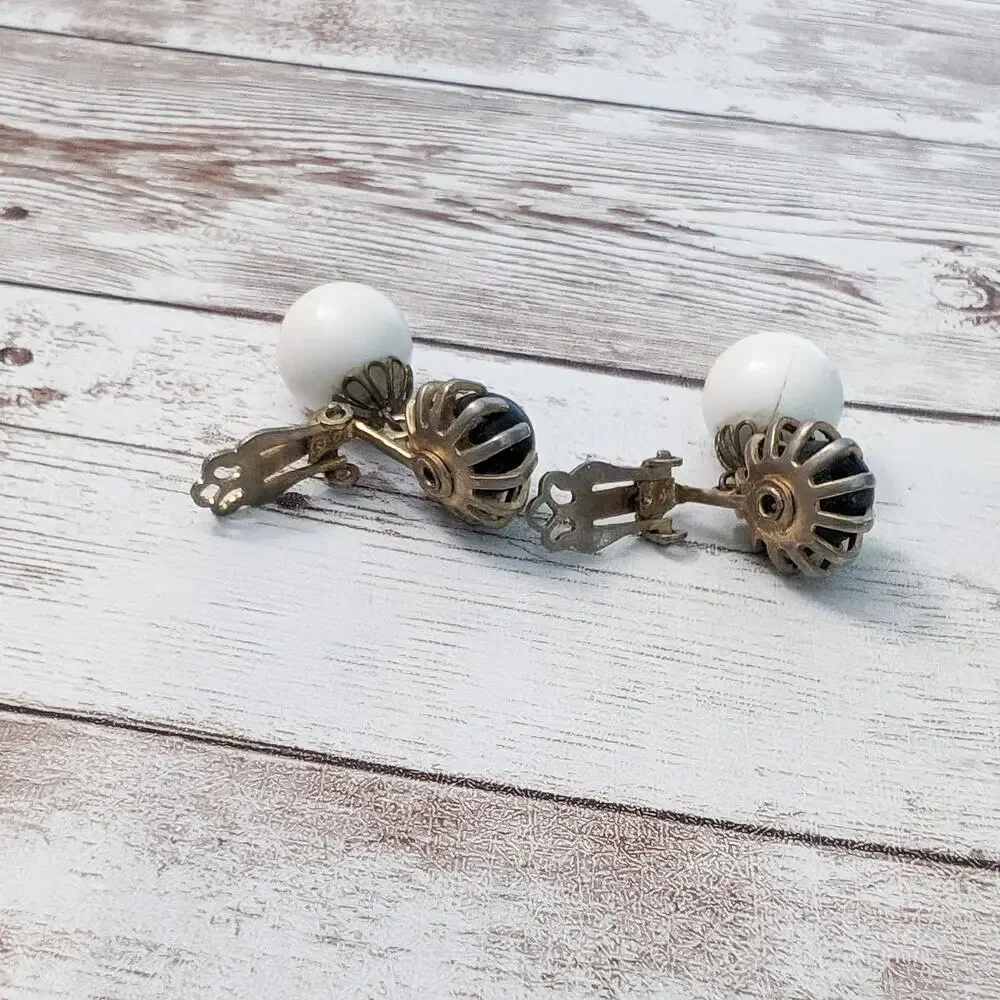 Vintage Clip On Earrings Large Chunky Black and Off White Dangle